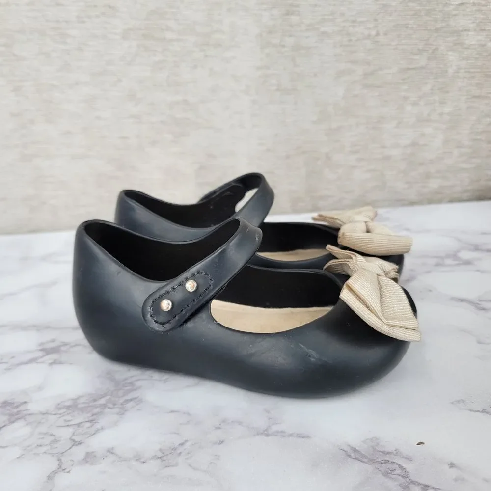 Mini Melissa Peep Toe Black Mary Jane Kids Shoes with Bow Rubber Jelly Dress